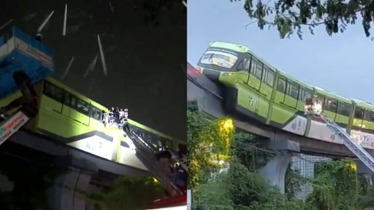 Mumbai Mono Rail Rescue Operation: बीएमसी, अग्निशमन विभाग और पुलिस की टीमें मुंबई के मैसूर कॉलोनी स्टेशन के पास बिजली आपूर्ति की समस्या के कारण फंसी मोनोरेल से यात्रियों को बचाने में लगी हुई हैं।