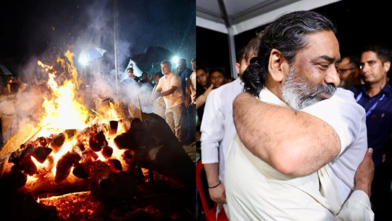 Shibu Soren last rites: शिबू सोरेन को तोपों की सलामी दी गई और उनके पैतृक गांव निमरा में उनका अंतिम संस्कार किया गया।